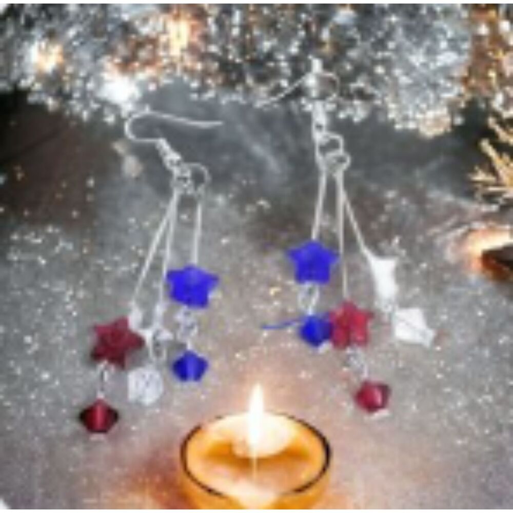 4th of July Multi Strand Red White & Blue Stars 2" Handmade Dangle Earrings